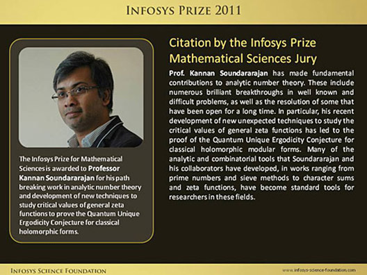 Citation of Prof. Kannan Soundararajan, Infosys Prize 2011 Mathematical Sciences Laureate