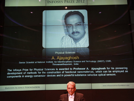 S. Gopalakrishnan, Category Anchor Trustee, announces the Infosys Prize 2012 Physical Sciences Laureate, Dr. Ayyappanpillai Ajayaghosh