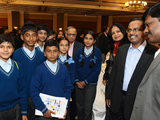 Students of Vidya Development with Narayana Murthy, Dr. Ajayaghosh and guests