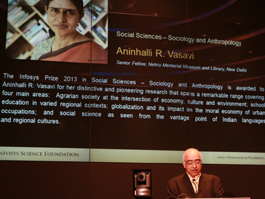 K. Dinesh, Trustee- ISF, announces the Infosys Prize 201 Social Sciences Laureate, Prof. A. R. Vasavi