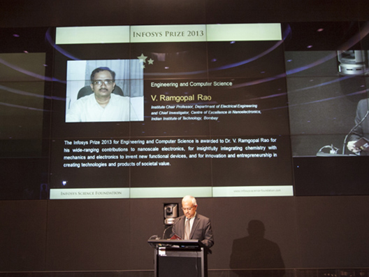 Srinath Batni, Category Anchor Trustee, announces the Infosys Prize 2013 Engineering & Computer Science Laureate, Prof. V. Ramgopal Rao