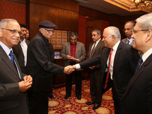 Senior Politician Shri L.K. Advani is greeted at the venue by Mr. Srinath Batni, Trustee, Infosys Science Foundation