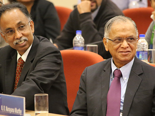 Trustees K. Dinesh, Shibulal and Narayana Murthy answer queries at press conference