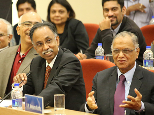 Trustees Srintah Batni, K. Dinesh, Shibulal, Narayana Murthy answer media queries at press conference