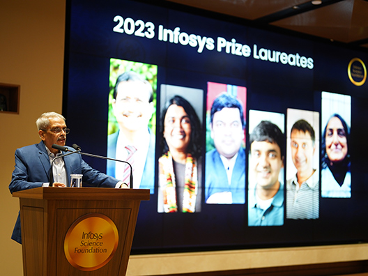 Kris Gopalakrishnan, President of the Infosys Science Foundation congratulating the winners of the Infosys Prize 2023