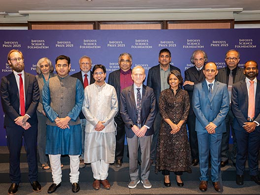 The jury chairs of the Infosys Science Foundation with the 2025 Infosys Prize laureates of all six categories